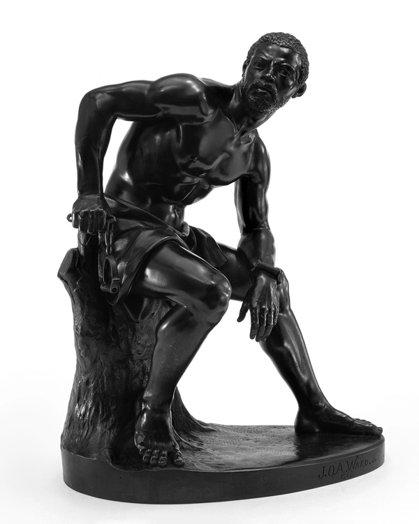 John Quincy Adams Ward’s 1863 bronze sculpture “The Freedman,” left, helped to inspire an exhibition by seven contemporary Black artists exploring the meaning of emancipation in the 21st century. Hugh Hayden’s 3-D printed “American Dream,” right, offers a direct answer to Ward’s work. Photos courtesy of Williams College Museum of Art
