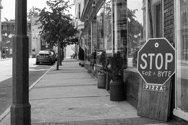 A sign beckons visitors to Byte, a pizzeria with a Turkish flair on John Street in Hoosick Falls, N.Y. photo by Joan K. Lentini