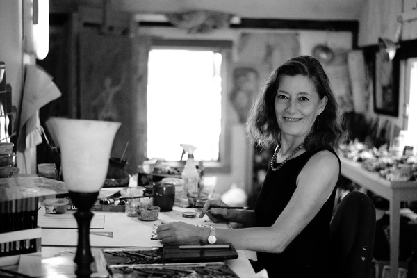 The artist Laurie Goodhart worked at painting ceramic shards in her Cambridge, N.Y., studio last month in preparation for an upcoming exhibit. Joan K. Lentini photo The artist Laurie Goodhart worked at painting ceramic shards in her Cambridge, N.Y., studio last month in preparation for an upcoming exhibit. Joan K. Lentini photo