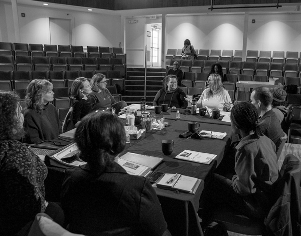 The cast and crew meet in late April for the first rehearsal of WAM Theatre’s production of “What the Constitution Means to Me,” which opens May 18 at the Berkshire Theatre Group’s Unicorn Theatre. Courtesy photo